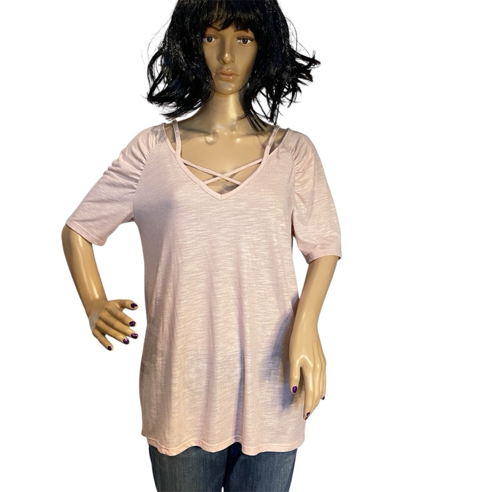 Bold Elements Short Sleeve Criss-Cross V-Neck Top Shimmer Pink Size Medium EUC